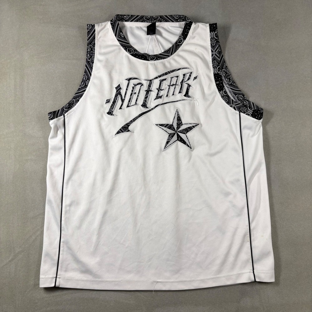 No Fear Mens XL White Paisley Mesh Jersey Tank Top Star Embroidered Sleeveless